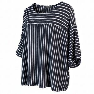 Coin 1804 Stripe Knit Top Navy White 1/2 Sleeve Round Neck Brushed Stretch 2X